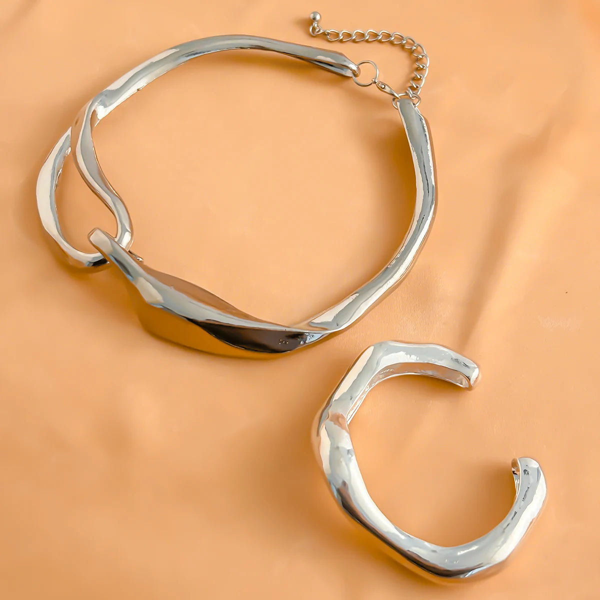 2Pcs Exaggerated Irregular Open Cuff Bangle Necklace Jewelry Set