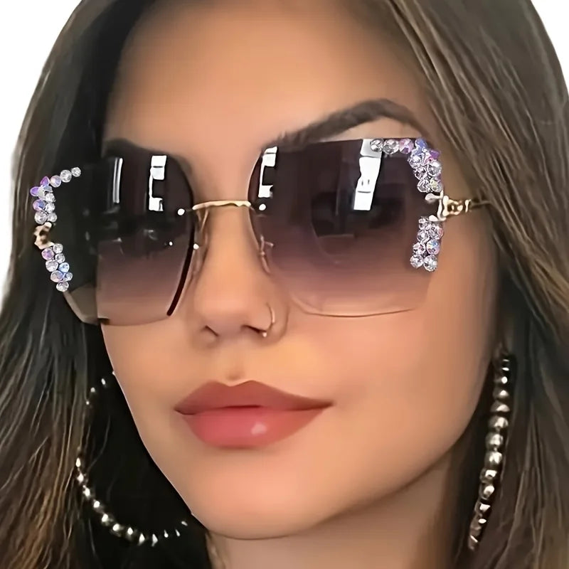 Fashionable square frameless glasses with crystal decoration