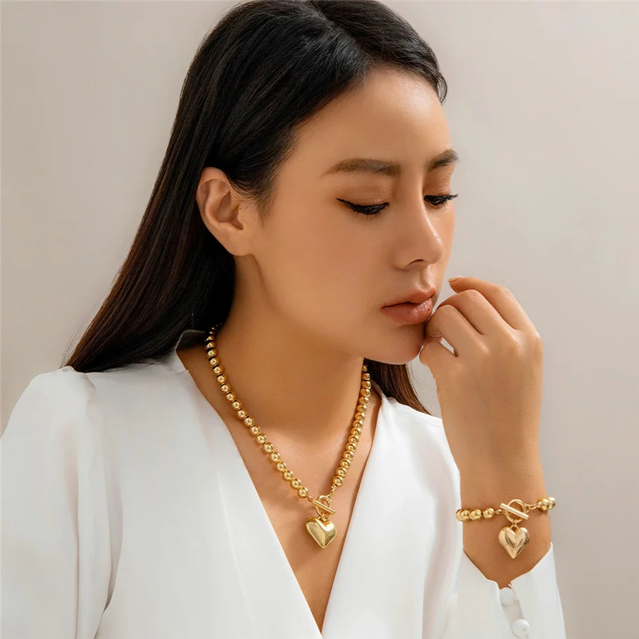 Love Heart Choker Necklace and Bracelets Set