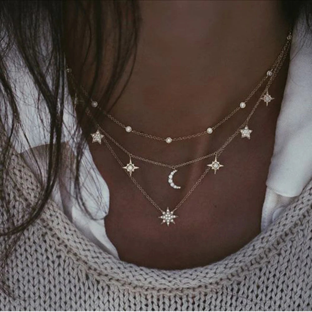 Crystal Heart Star Sun Moon Necklace