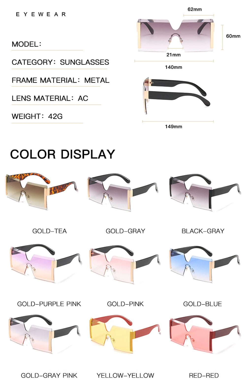 Fashion Oversized Square Rimless Sunglasses