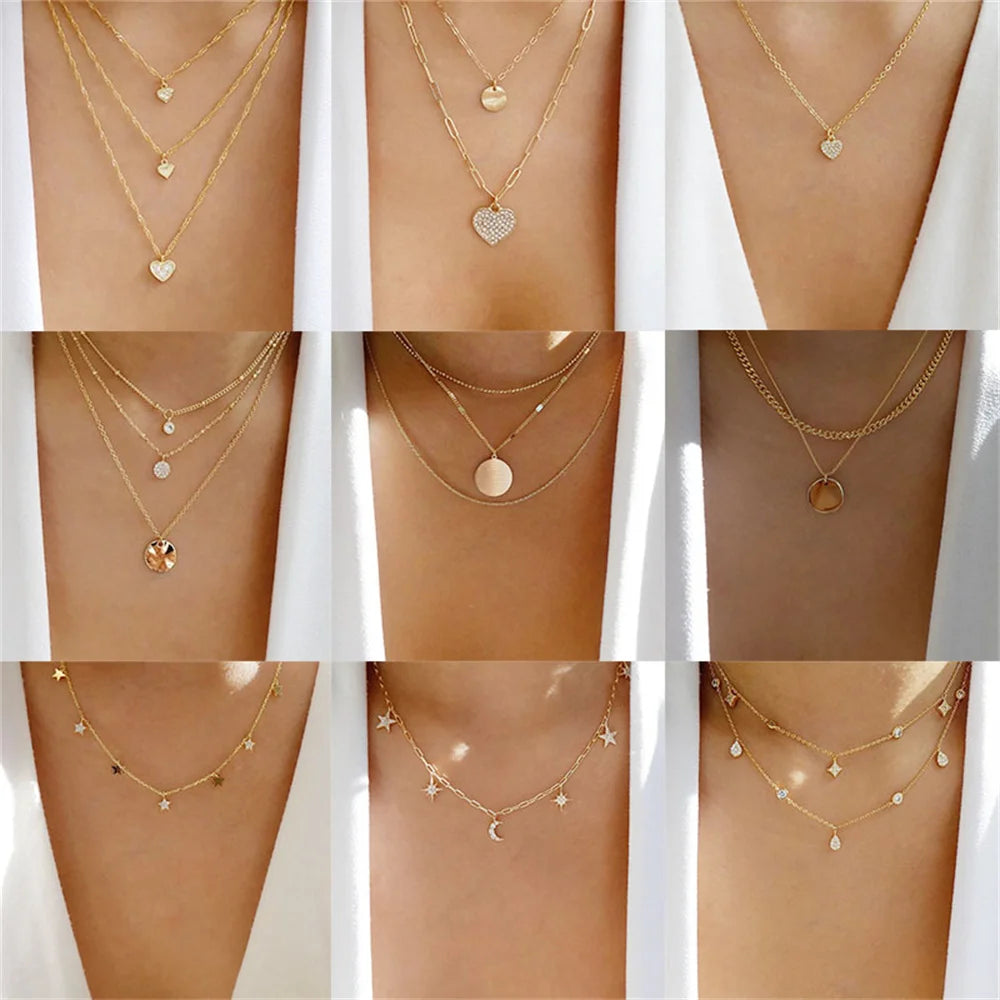 Multilevel Gold Crystal Heart-shaped Necklace