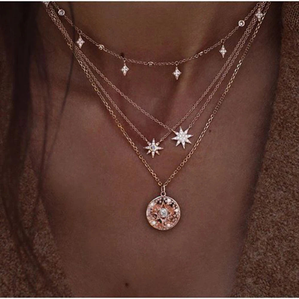 Crystal Heart Star Sun Moon Necklace