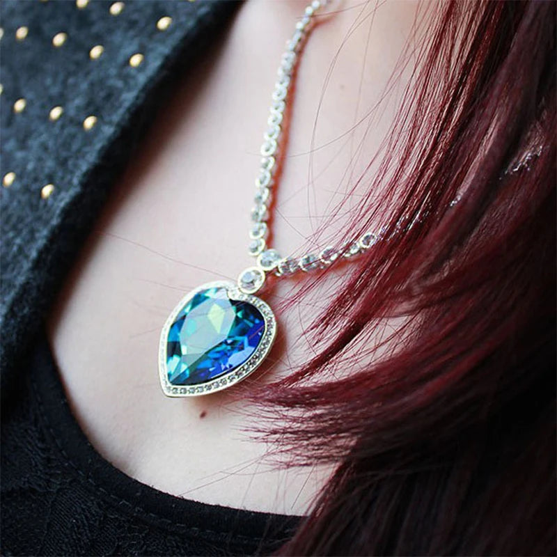 Titanic Heart Of The Ocean Rose Blue Crystal Necklace