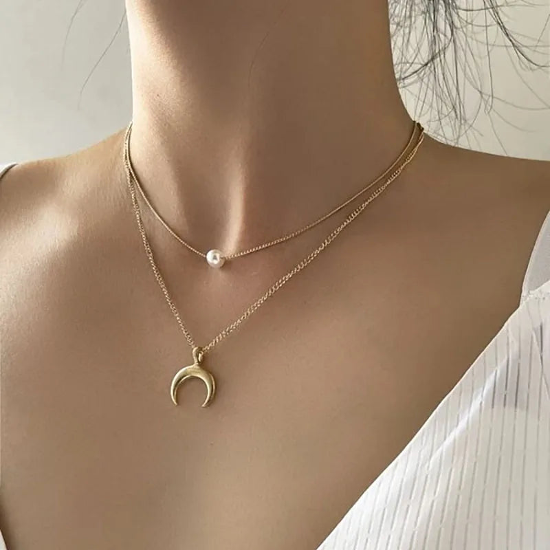Gold Pearl Round Sequin Moon Butterfly | Rose Flower Pendant Necklaces