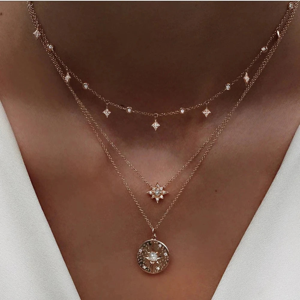 Crystal Heart Star Sun Moon Necklace