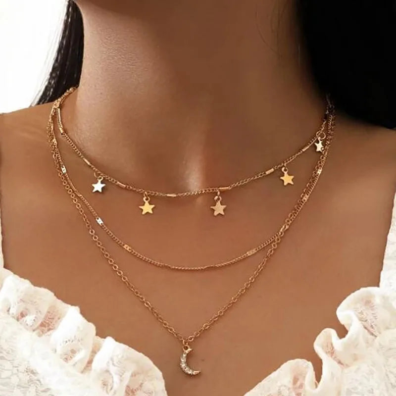 Gold Pearl Round Sequin Moon Butterfly | Rose Flower Pendant Necklaces