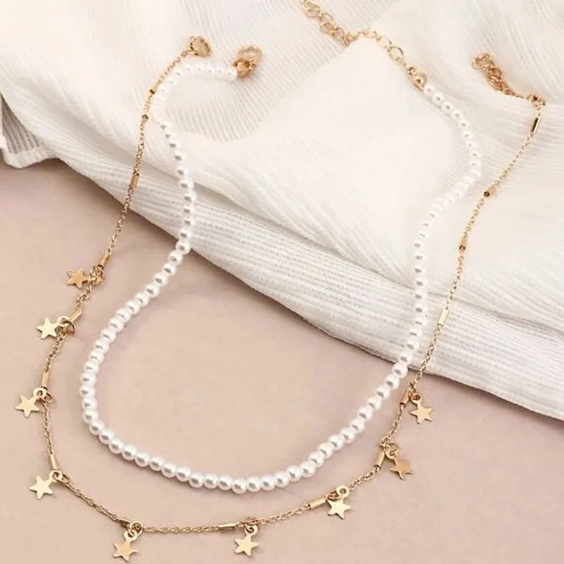 Gold Pearl Round Sequin Moon Butterfly | Rose Flower Pendant Necklaces