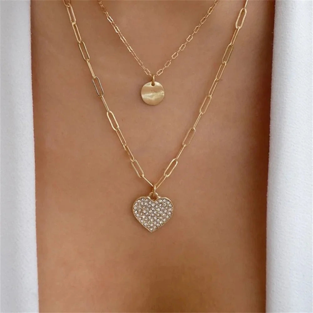 Multilevel Gold Crystal Heart-shaped Necklace