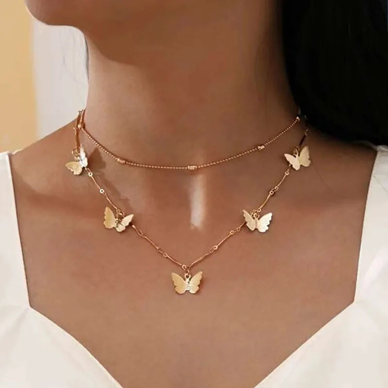 Gold Pearl Round Sequin Moon Butterfly | Rose Flower Pendant Necklaces