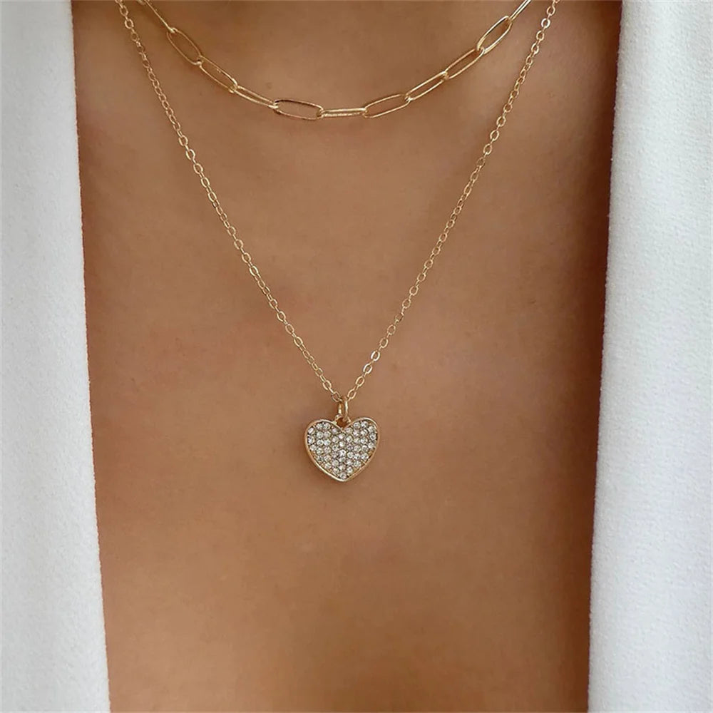 Multilevel Gold Crystal Heart-shaped Necklace