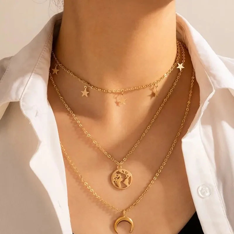 Gold Pearl Round Sequin Moon Butterfly | Rose Flower Pendant Necklaces