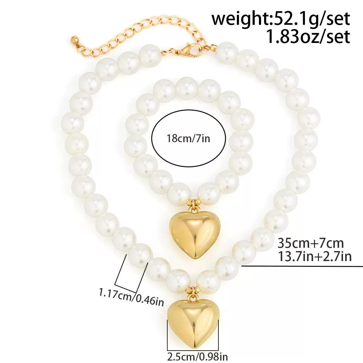 Imitation Pearl Beaded Heart Necklace & Bracelet Set