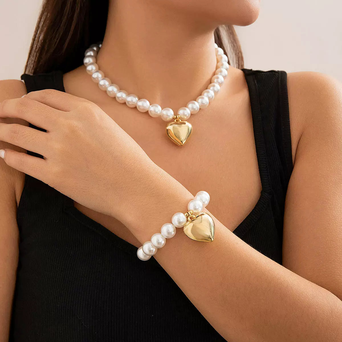 Imitation Pearl Beaded Heart Necklace & Bracelet Set