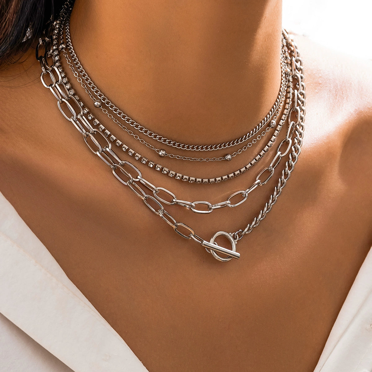 5-Piece Diamond-Embedded Cross Chain Necklace