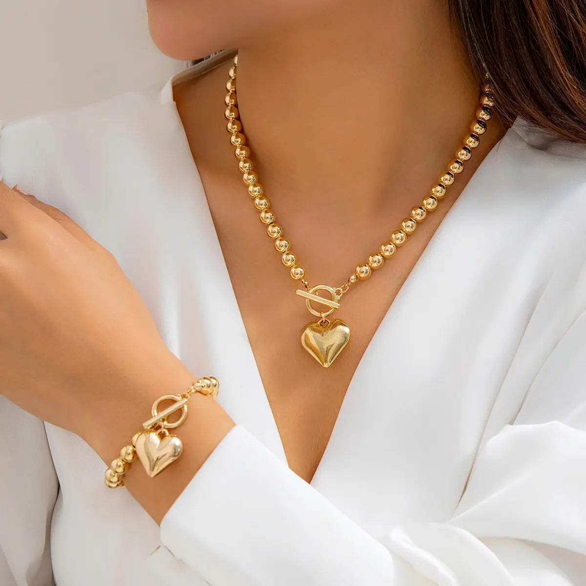 Imitation Pearl Beaded Heart Necklace & Bracelet Set