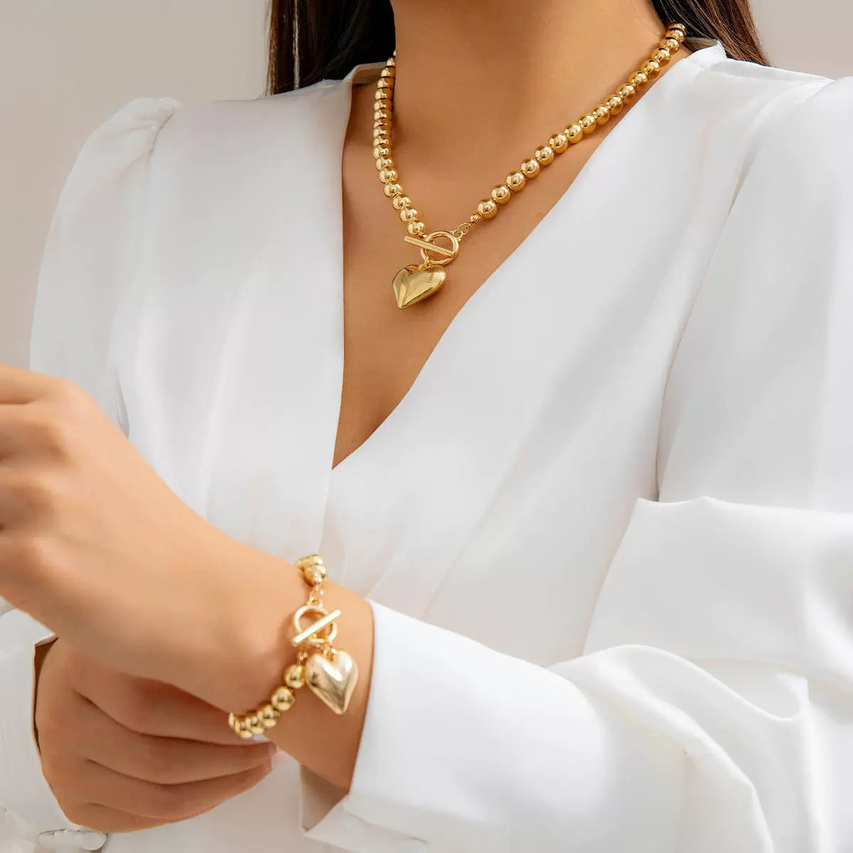 Imitation Pearl Beaded Heart Necklace & Bracelet Set