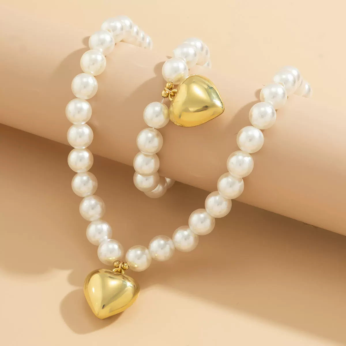 Imitation Pearl Beaded Heart Necklace & Bracelet Set