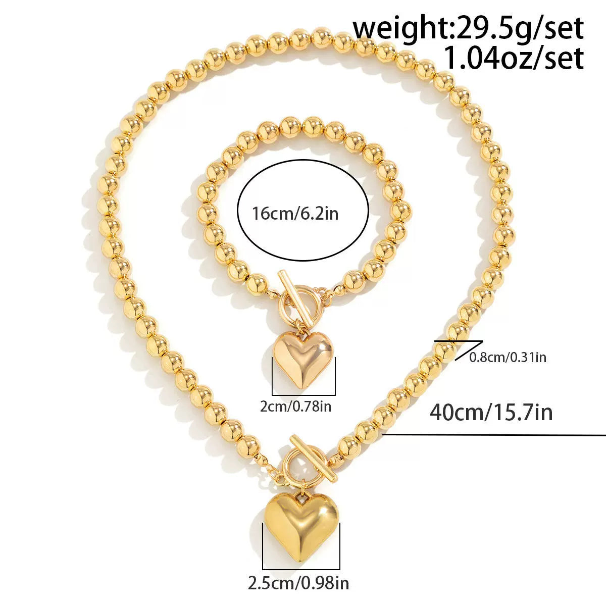 Imitation Pearl Beaded Heart Necklace & Bracelet Set