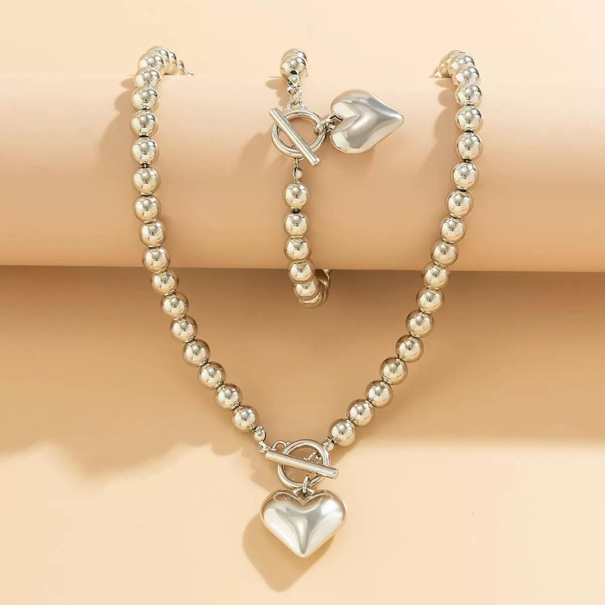 Imitation Pearl Beaded Heart Necklace & Bracelet Set