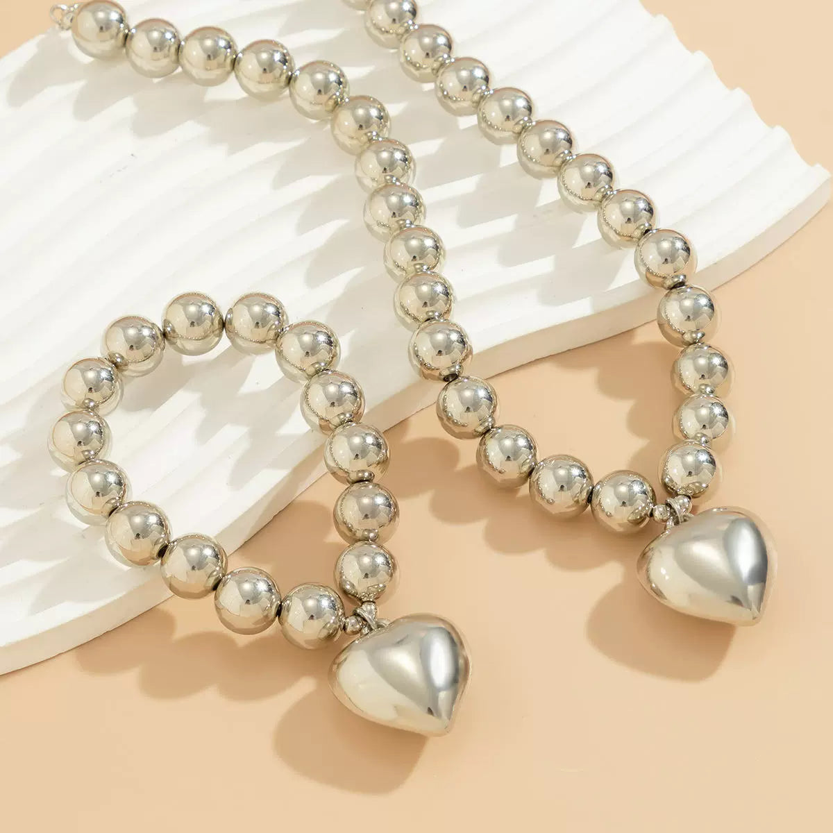 Imitation Pearl Beaded Heart Necklace & Bracelet Set