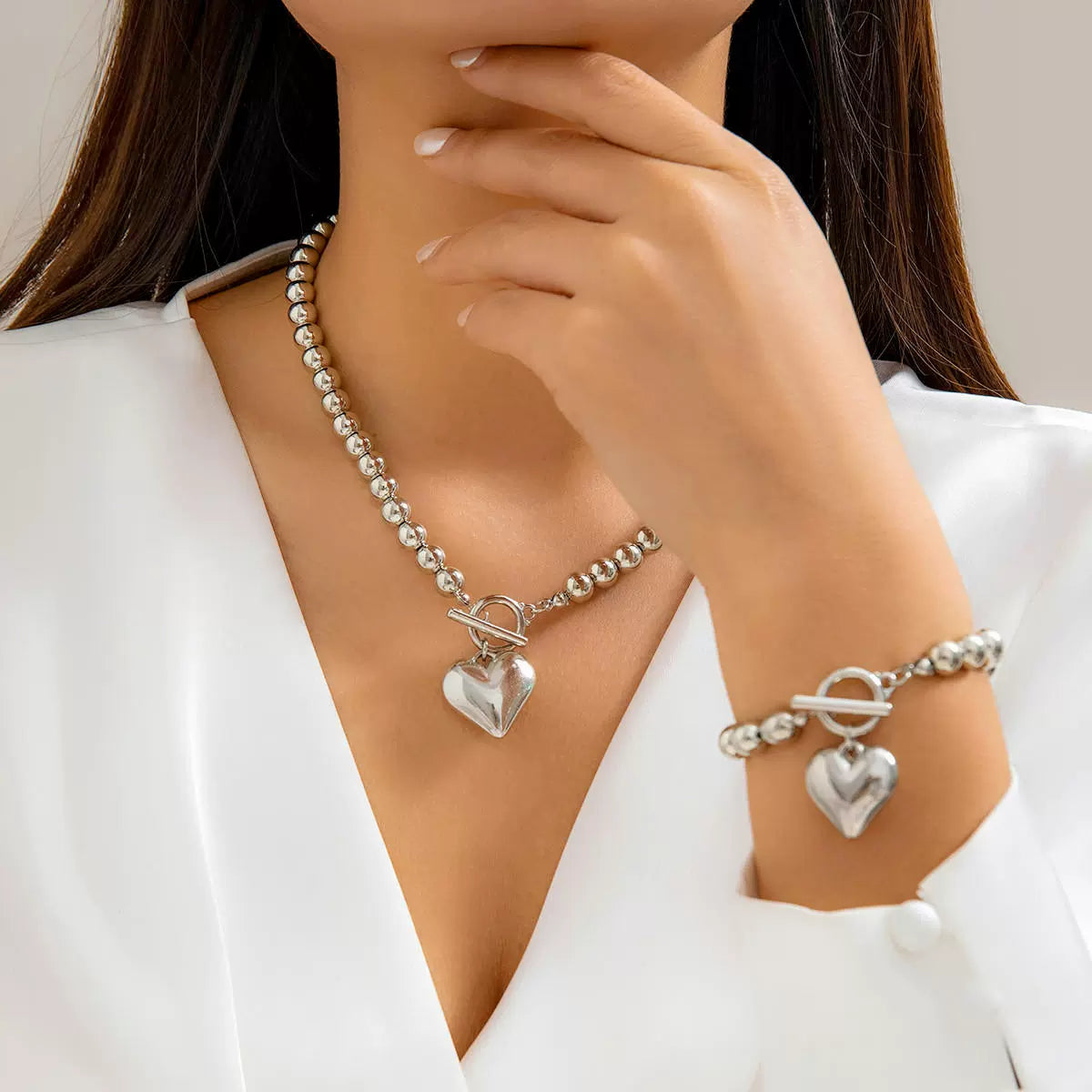 Imitation Pearl Beaded Heart Necklace & Bracelet Set
