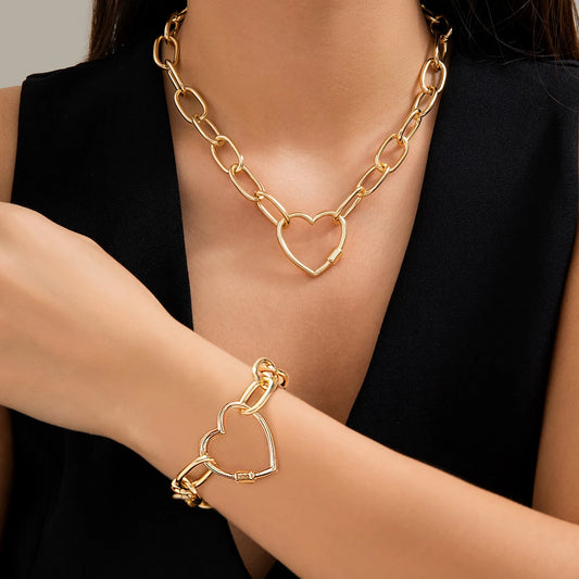 2Pcs Vintage Heart Necklace & Bracelets Jewelry Set