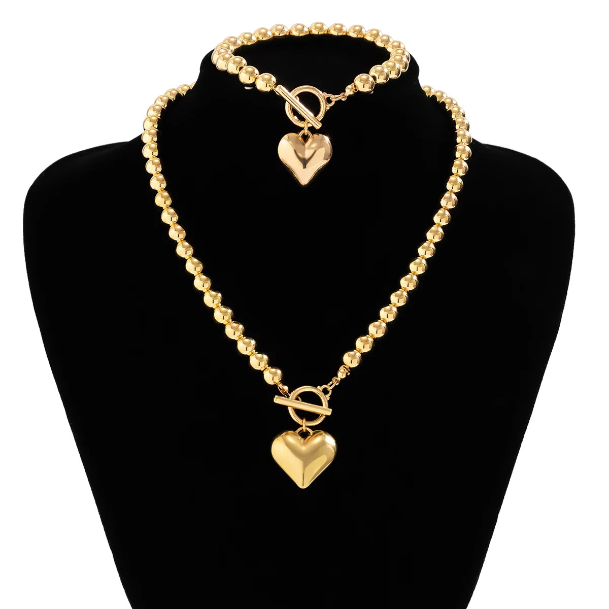 Acrylic Beads String Necklace & Bracelet With Heart Pendant