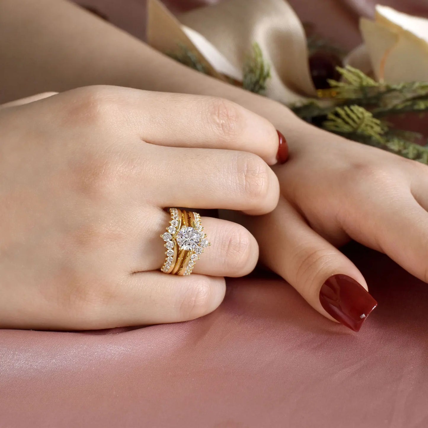 14k Yellow Gold Bridal Ring Set 2Ct Round Cut AAAAA Cubic Zircon