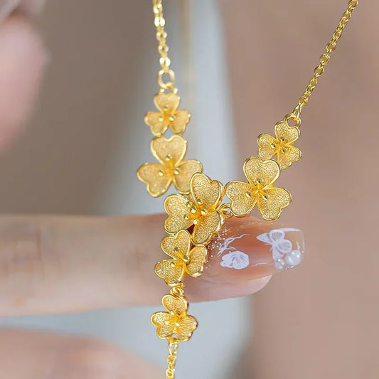 Real Gold 24K three-petaled grass collarbone necklace