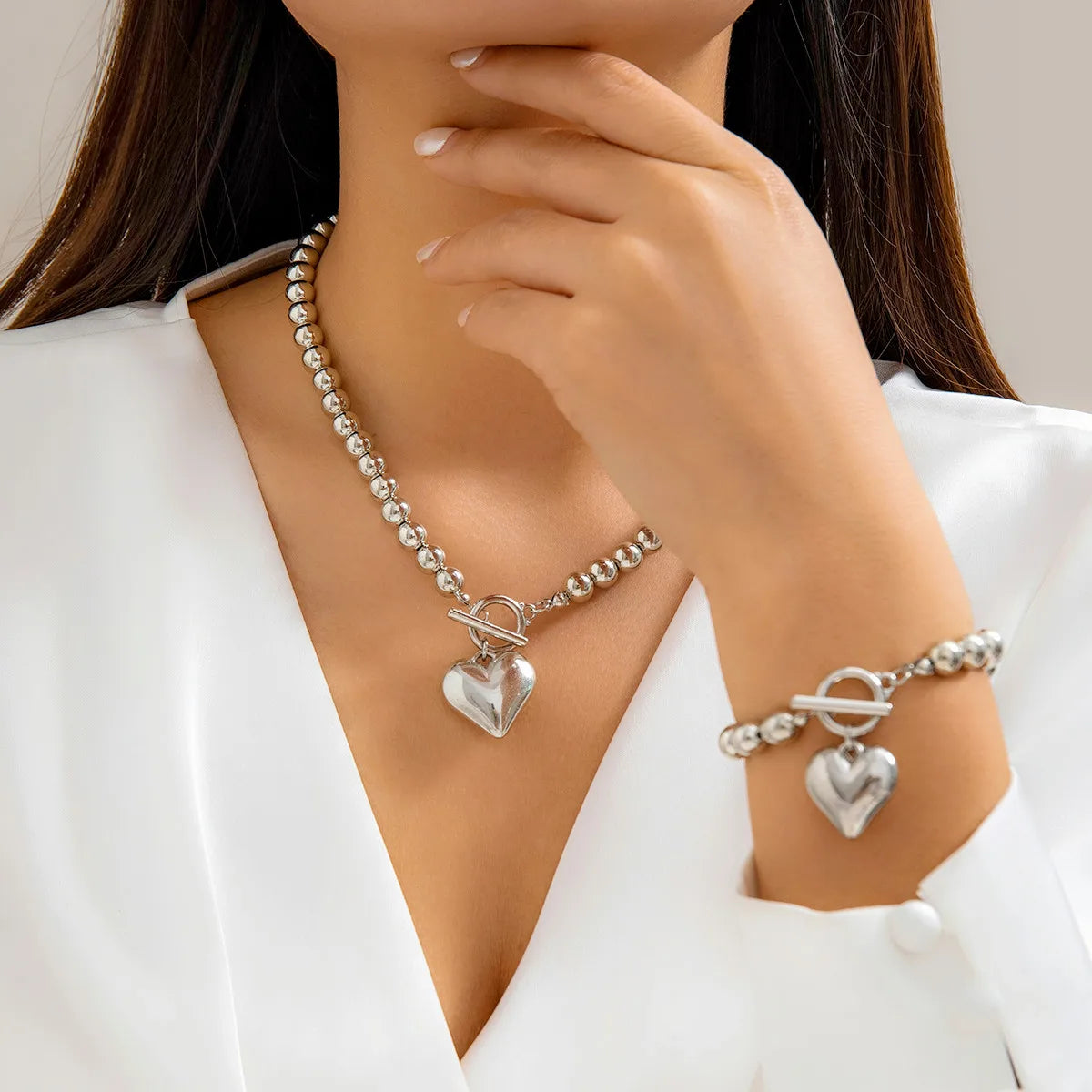 Acrylic Beads String Necklace & Bracelet With Heart Pendant