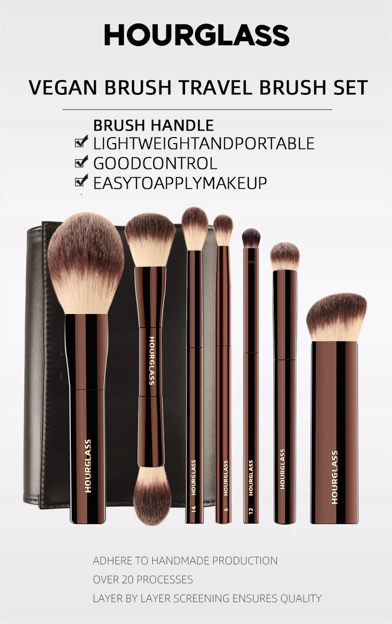 Vegan brush travel brush set includes 7 brushes for the eye and face with a bag gift box packaging