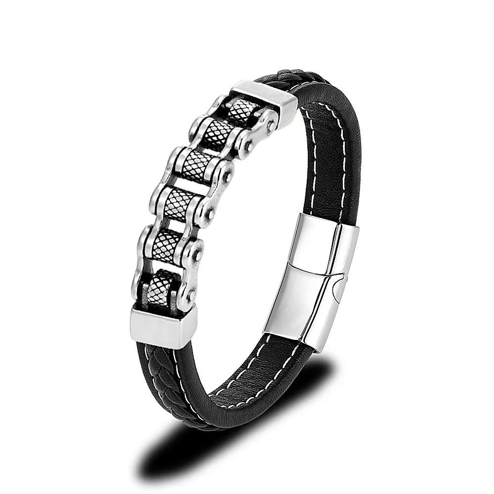 Biker Chain Braided Genuine Leather/ Stainless Steel