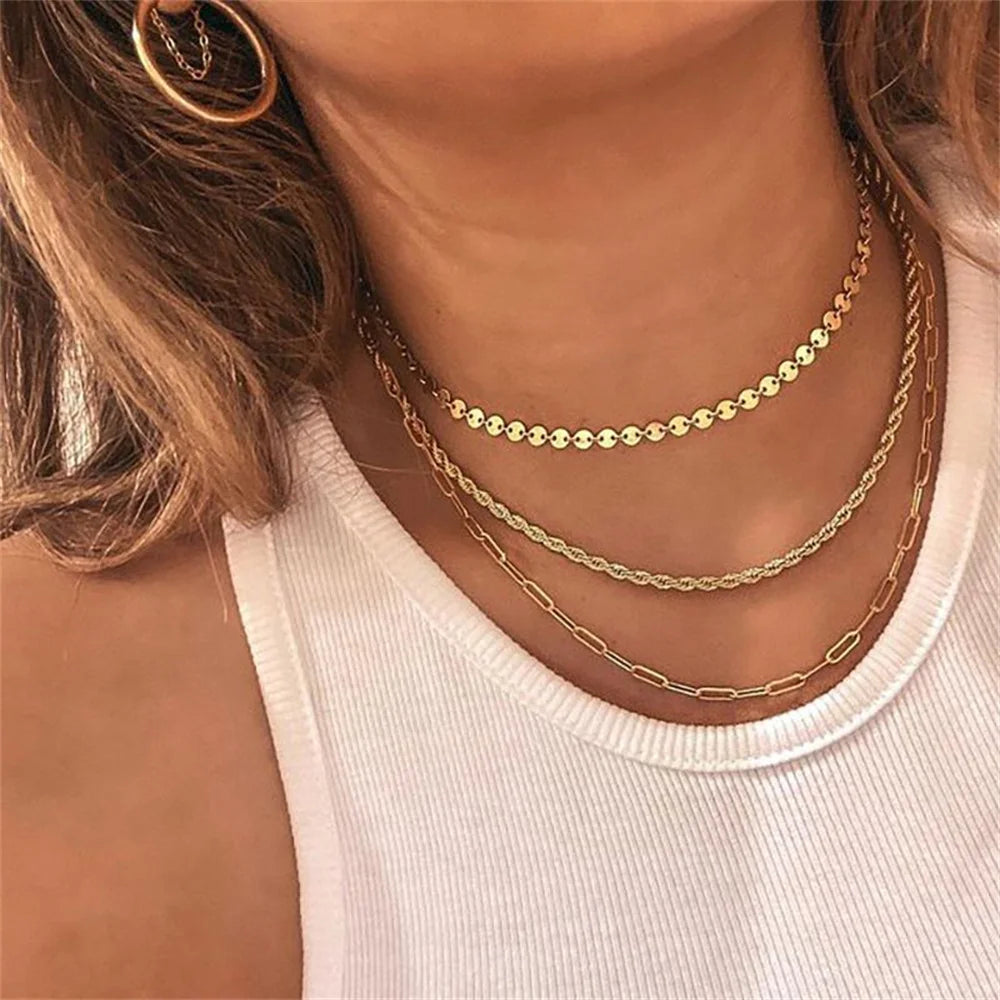 Gold-plate Pearl Sequin Pendant Necklace Multilevel Jewelry