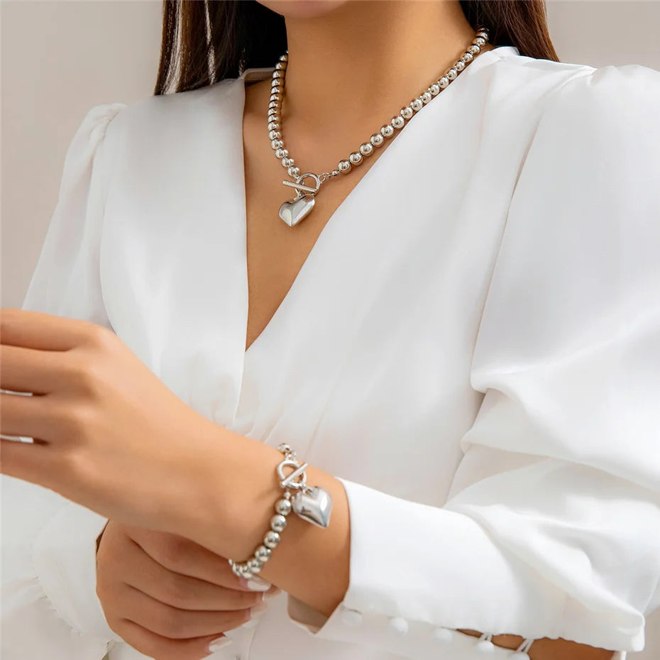 Love Heart Choker Necklace and Bracelets Set