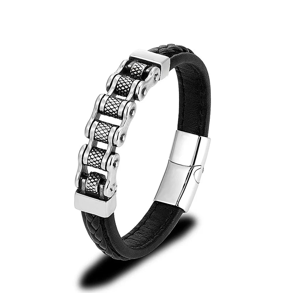 Biker Chain Braided Genuine Leather/ Stainless Steel