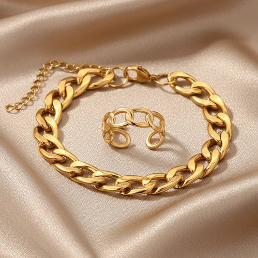 Cuban Chain Bracelet With Open Ring Set