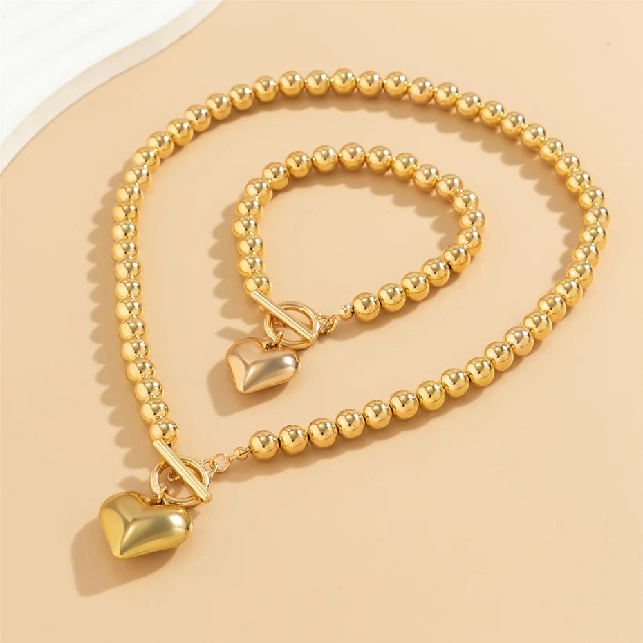 Love Heart Choker Necklace and Bracelets Set