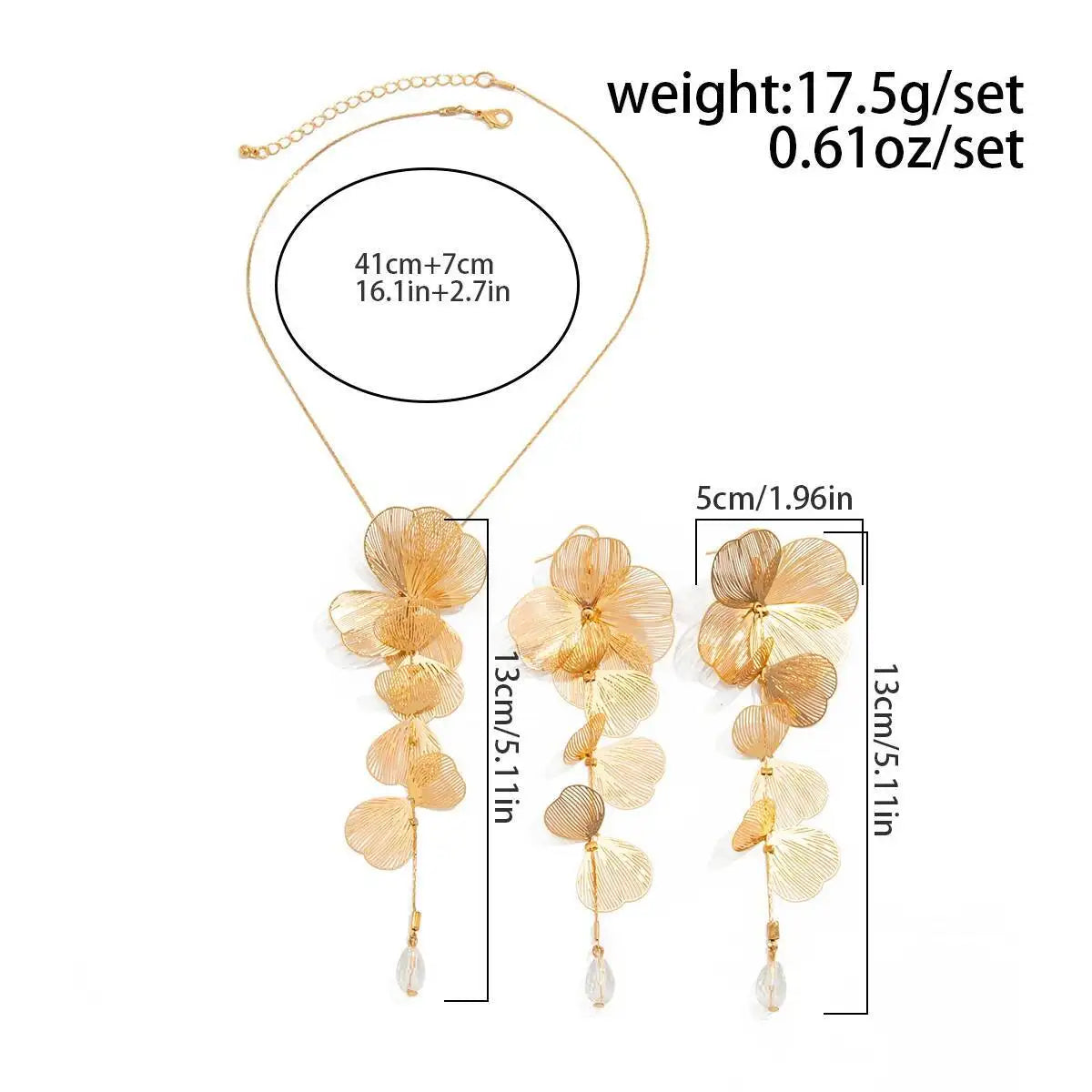 Petal Flower Pendant Necklace &  Piercing Drop Earrings