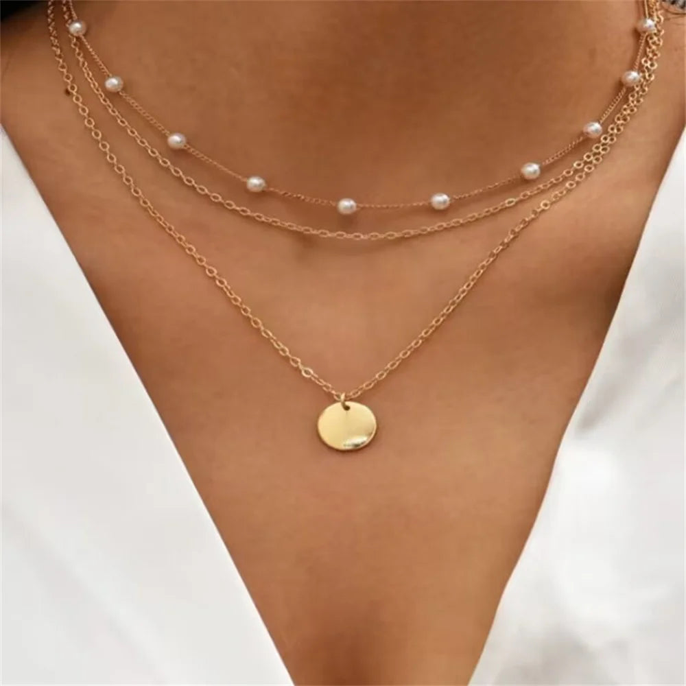 Gold-plate Artificial Pearl Sequin Pendant Necklace