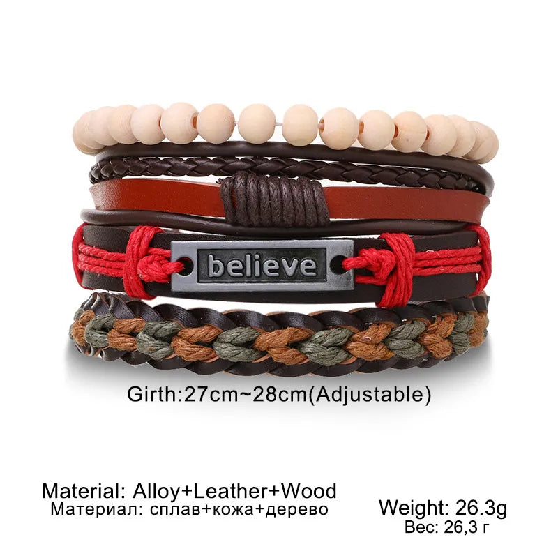 4Pcs/ Set Braided Leather Bracelets