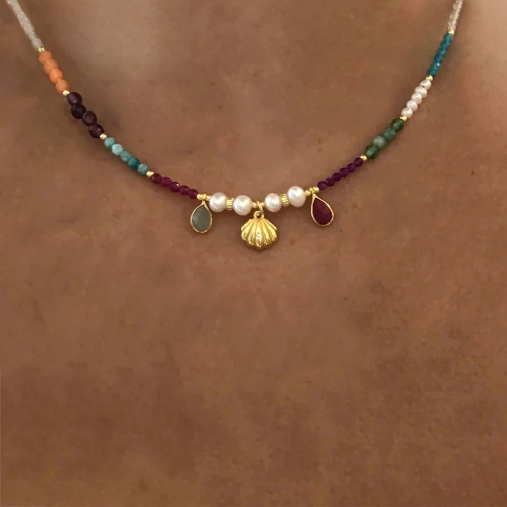 Tourmaline Natural Pearl Charm Gold-Colored Necklace