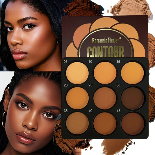 9-Color Dark Bronze Foundation Palette, Contouring, Concealer, Glitter