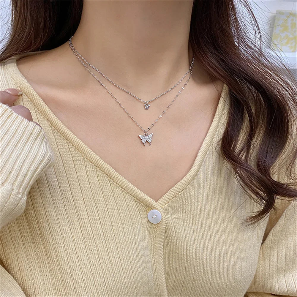 Shiny Butterfly Exquisite Double Layer Necklace