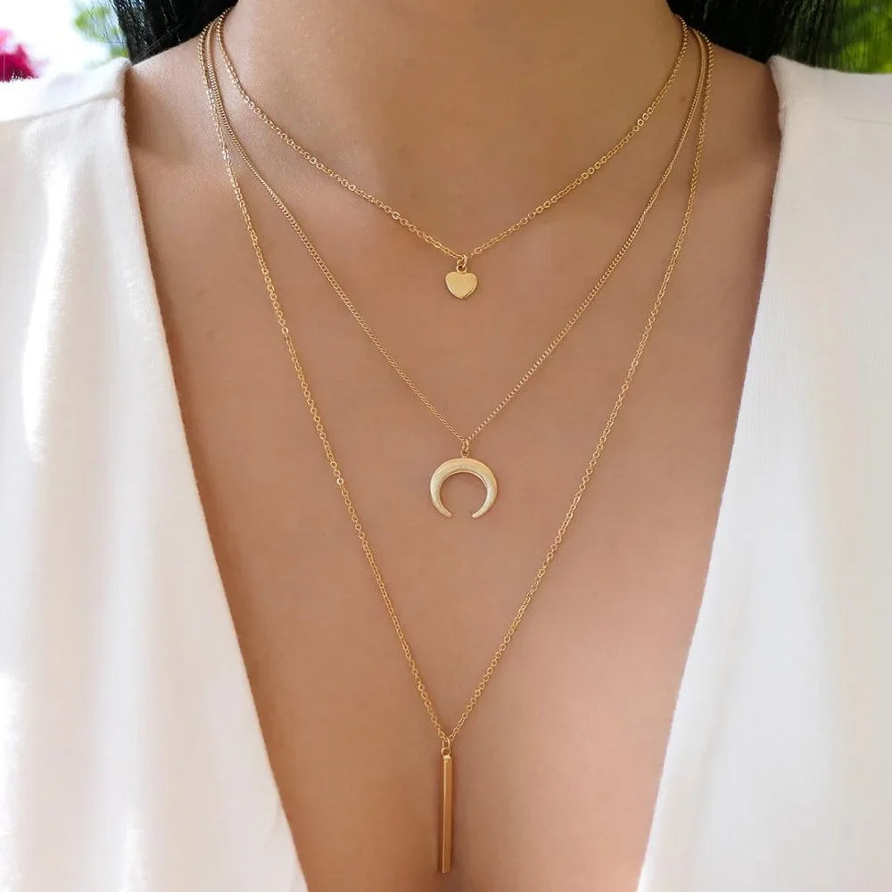 Gold Multi-Layer Crystal Pendant Necklaces