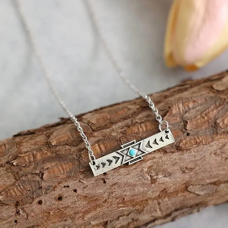 Natural Turquoise Boho Bead Silver Necklace