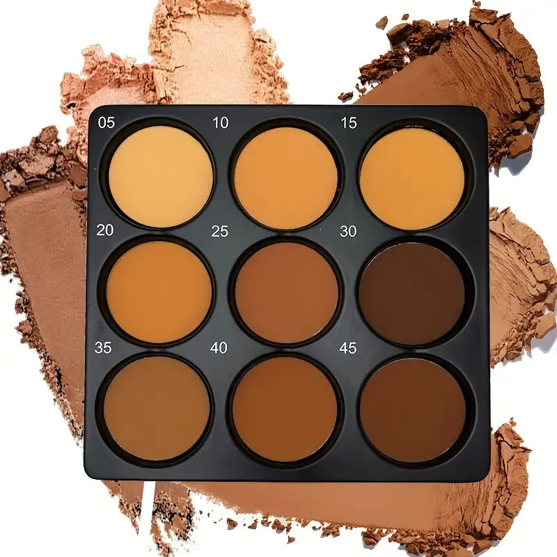 9-Color Dark Bronze Foundation Palette, Contouring, Concealer, Glitter
