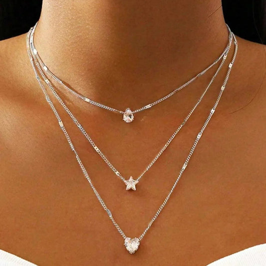 3Pcs/Set Vintage Rhinestone Heart Pendant Necklace Set for Women Multilayer Thin Chain Choker Bridal Jewelry