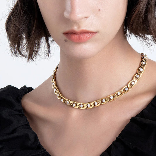Luxurious Stainless Steel Zircons Gold Necklace