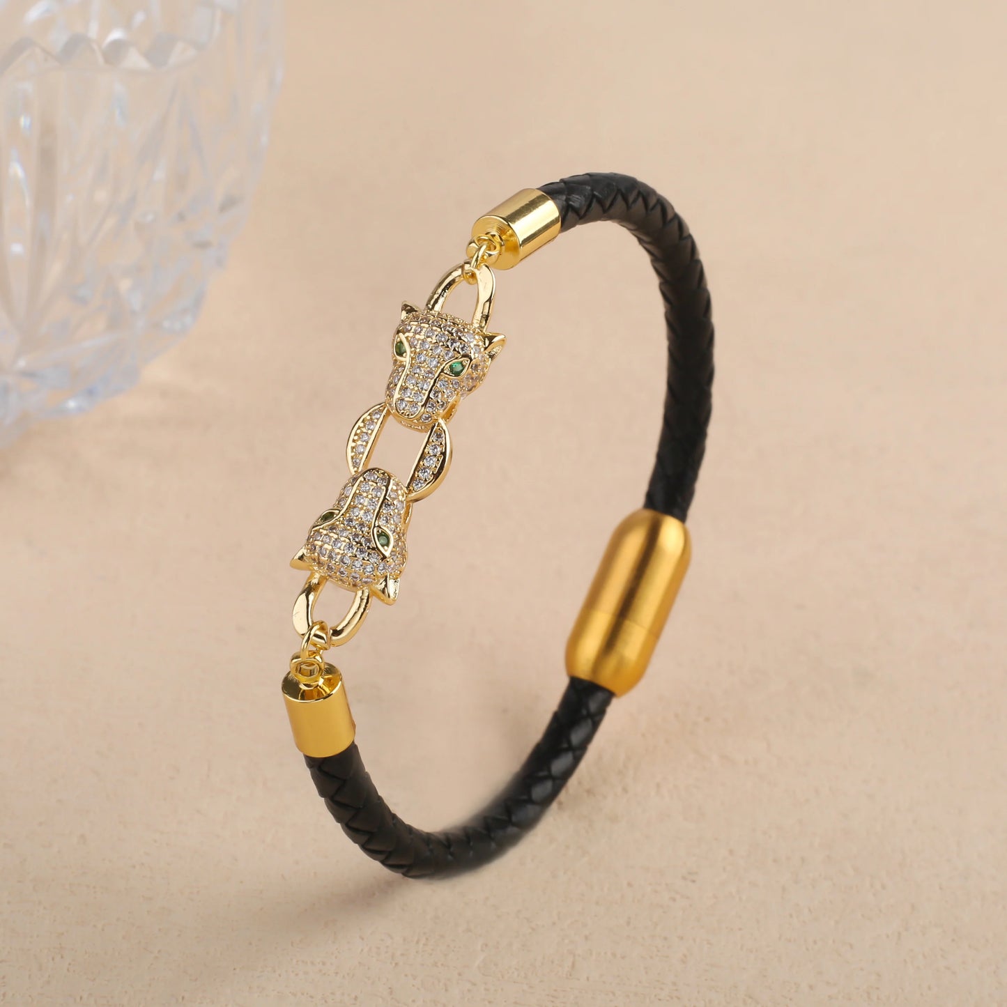 Leopard Head Braided Stainless Steel Zirconia Jewelry